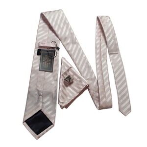 DiBanGu Silk Striped Tie Pocket Square Cufflinks Set Pink Grey Men's Formal New